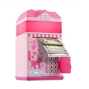 Pink ATM Piggy Bank for Real Money with Night Light and Music